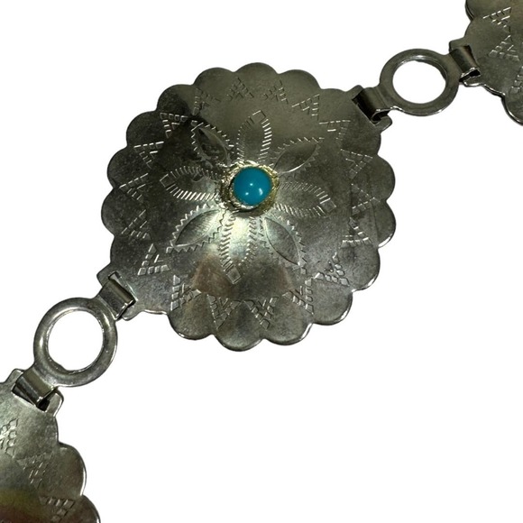 Boho Western Concho Flower Belt 32" One Size Silver Tone Metal Turquoise Chain - Picture 6 of 8